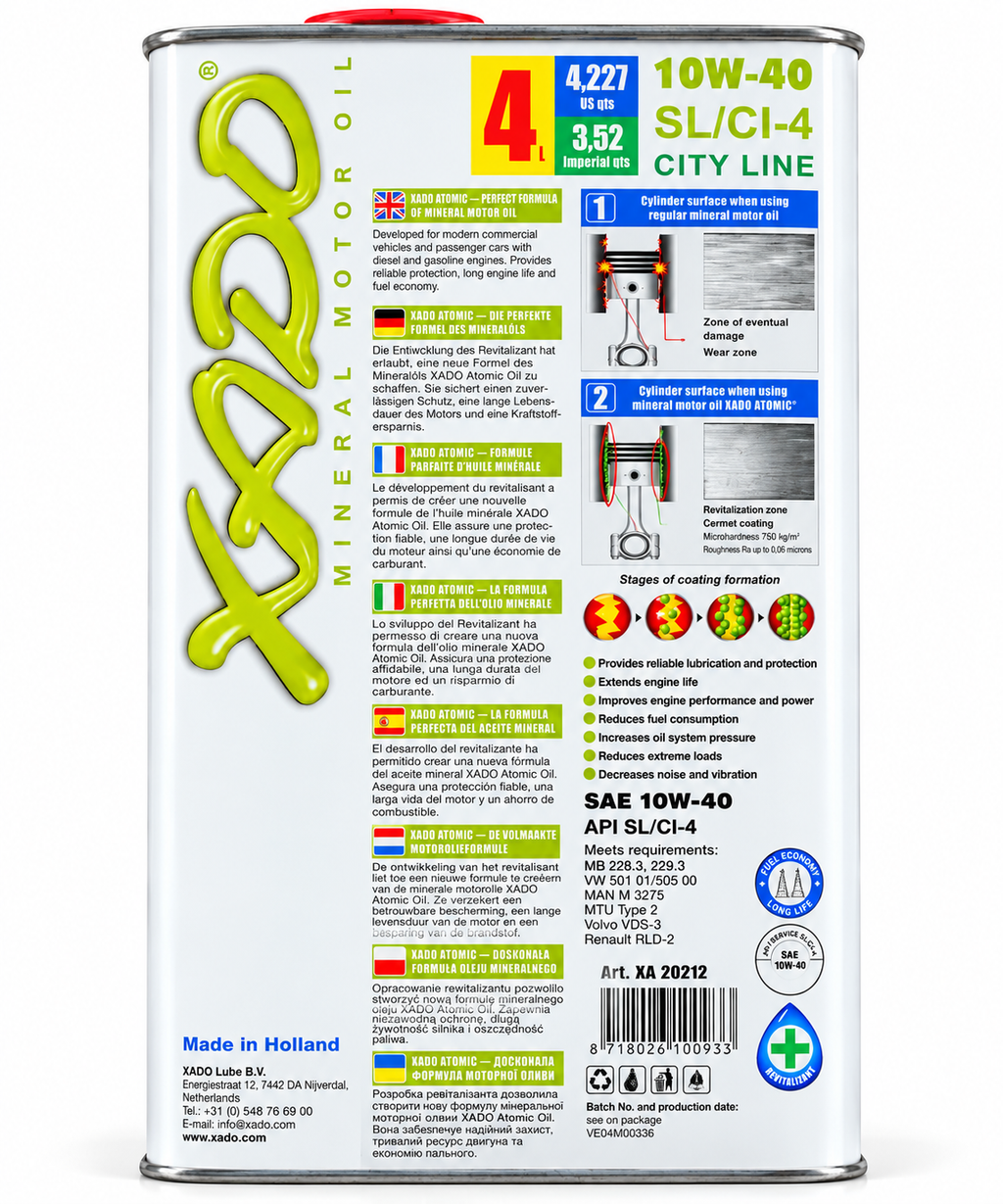 XADO Atomic Oil 10W-40 Mineral Motor Oil SL/CI-4 City Line 4L