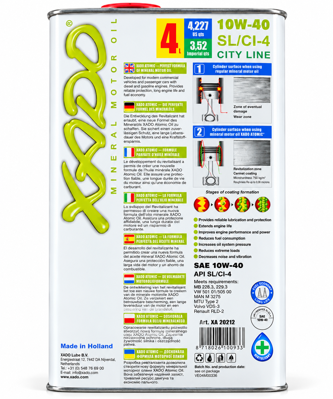 XADO Atomic Oil 10W-40 Mineral Motor Oil SL/CI-4 City Line 4L